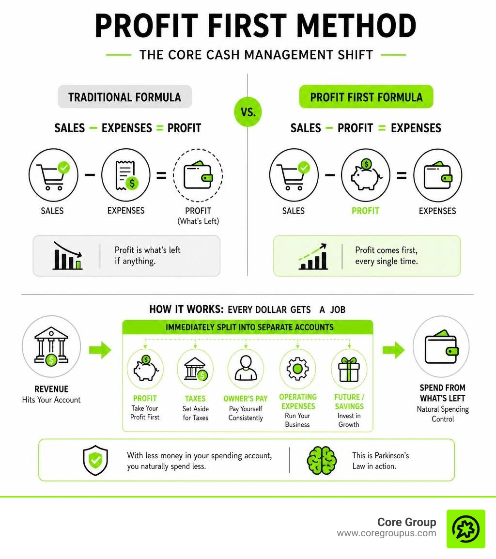 Profit First method core cash management shift - traditional vs profit first formula and account split infographic