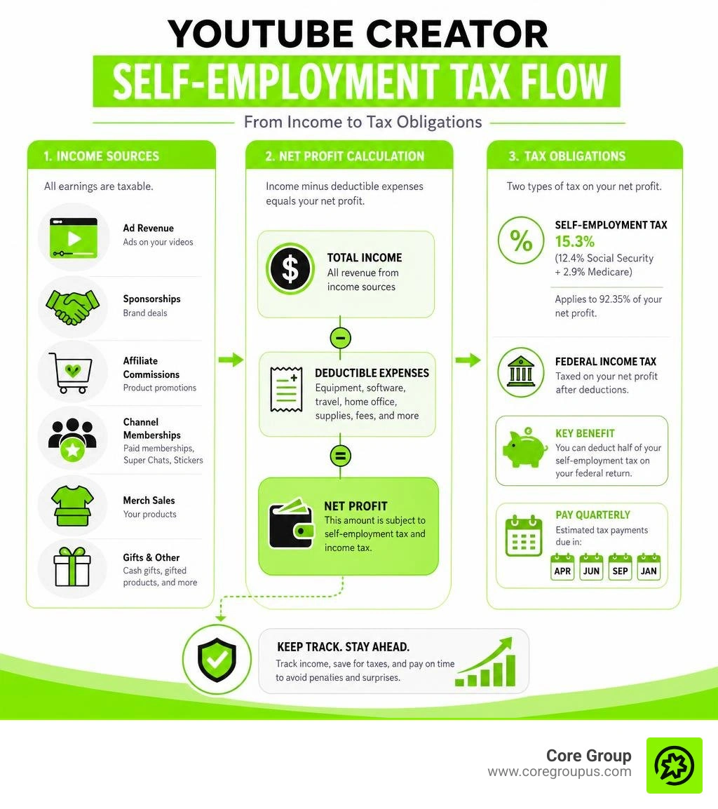 YouTube creator self employment tax flow showing income sources, net profit calculation, and tax obligations infographic YouTube creator self employment tax flow showing income sources, net profit calculation, and tax obligations infographic