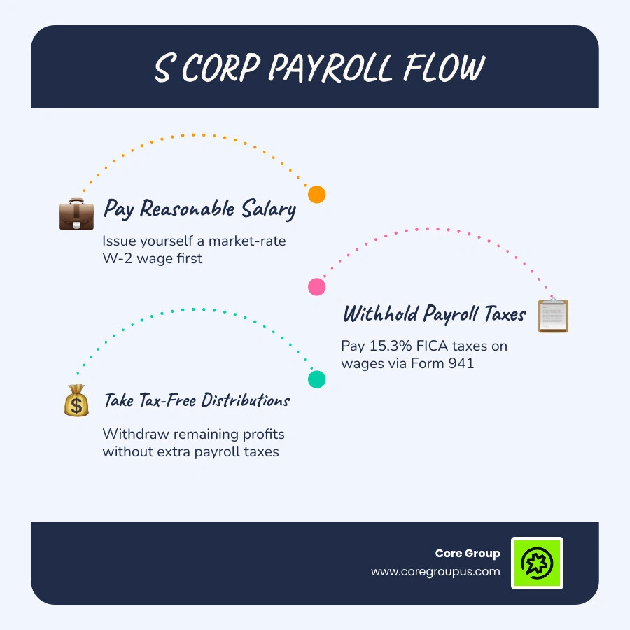 S corp payroll flow showing salary, payroll taxes, distributions, and annual filing requirements infographic