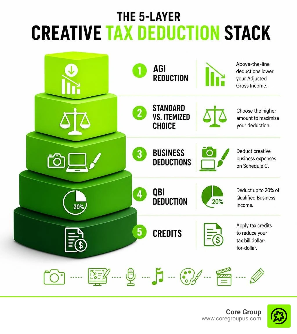 Five-layer creative tax deduction stack showing AGI reduction, standard vs itemized choice, business deductions, QBI, and