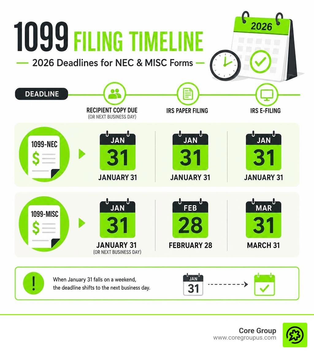 1099 filing timeline infographic showing recipient and IRS deadlines for NEC and MISC forms infographic
