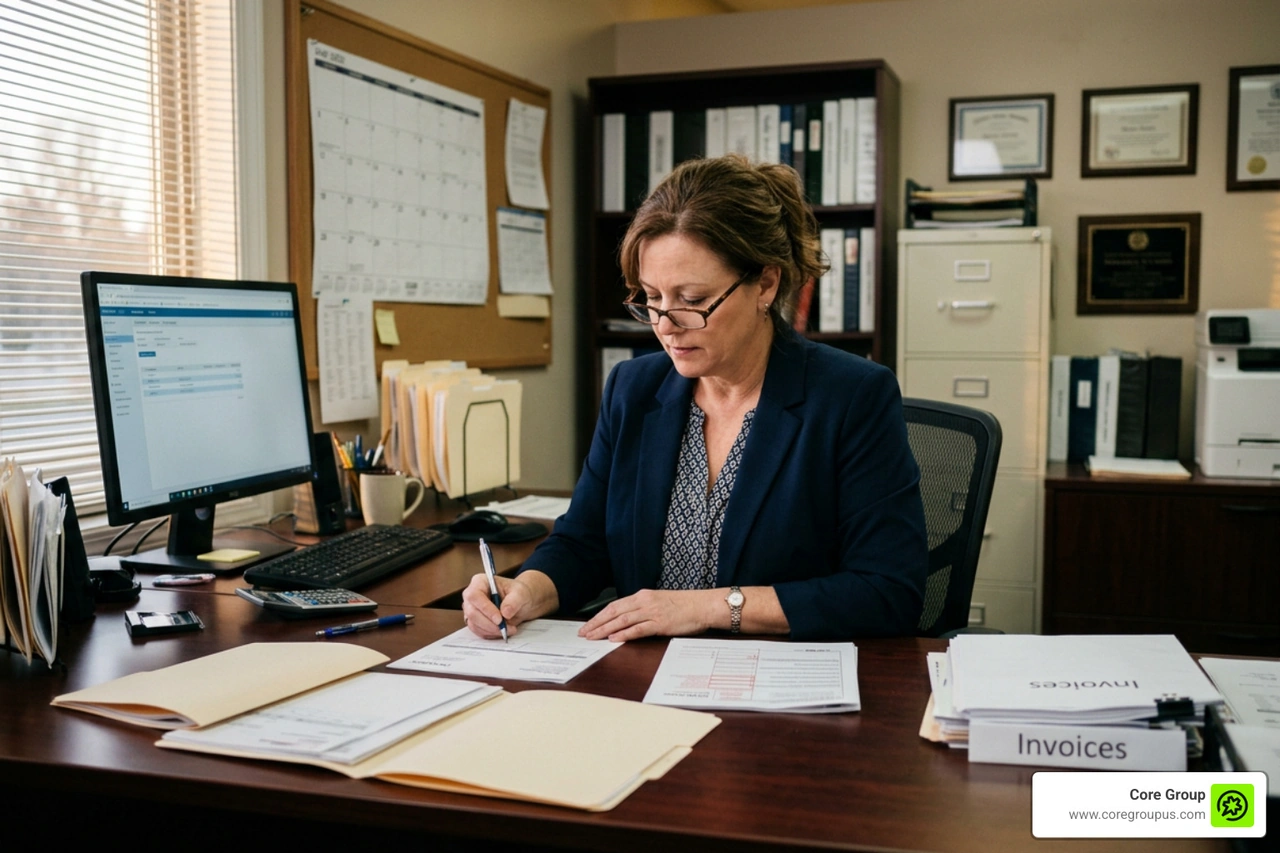 A business owner sitting at a desk reviewing contractor invoices and preparing tax documents