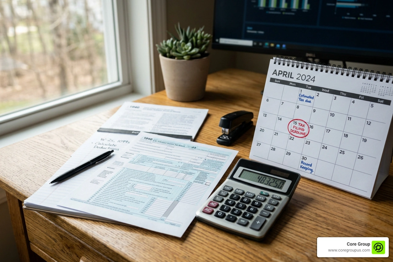 A desk with a calculator, tax forms, and a calendar highlighting filing deadlines