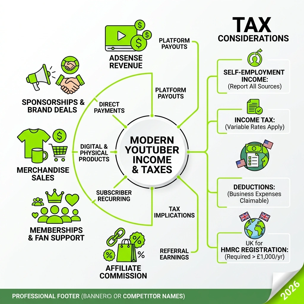 Infographic showing diverse income streams of a modern YouTuber and their tax implications - Accountant for YouTubers