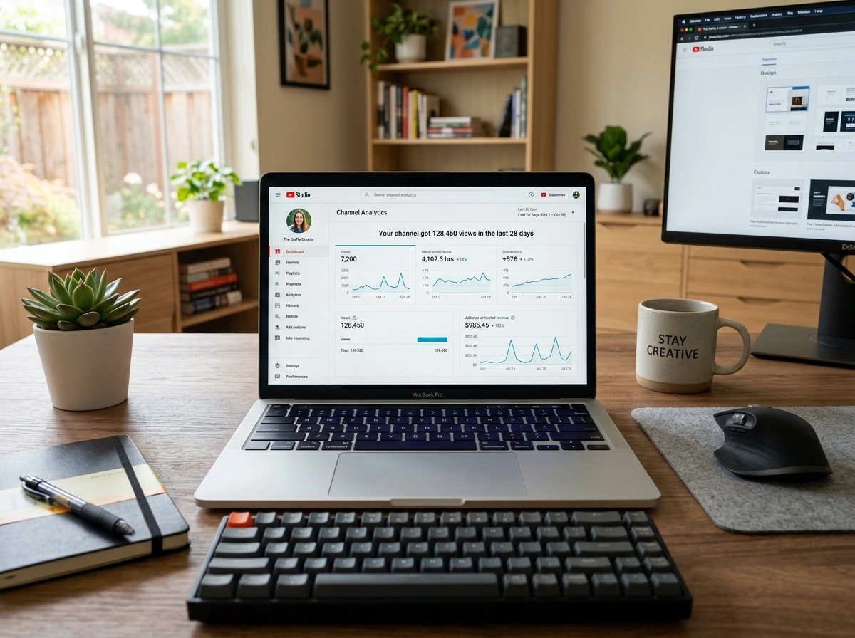 Laptop showing YouTube analytics and AdSense revenue charts - Accountant for YouTubers