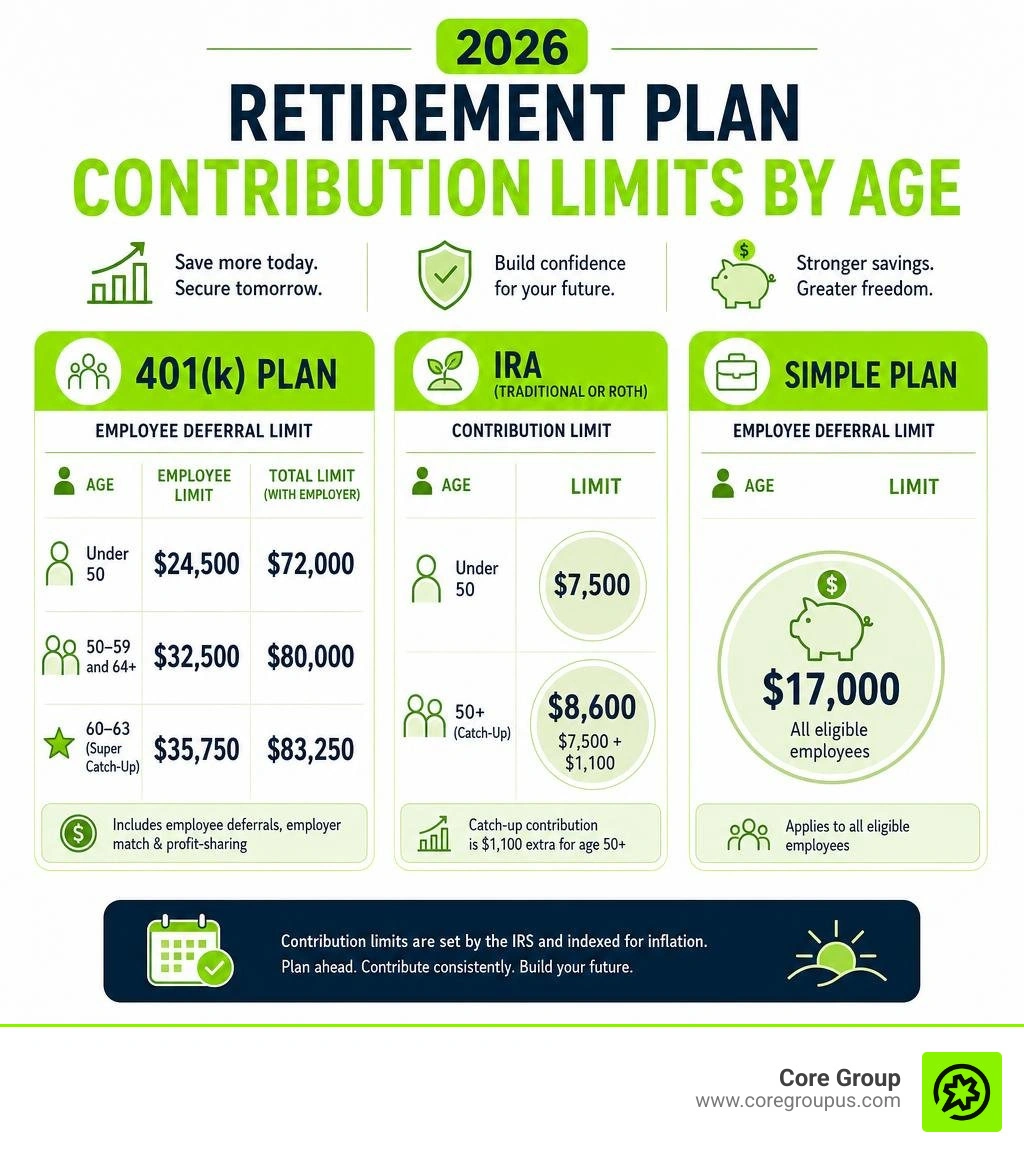 2026 retirement plan contribution limits infographic showing 401k, IRA, and SIMPLE plan limits by age infographic