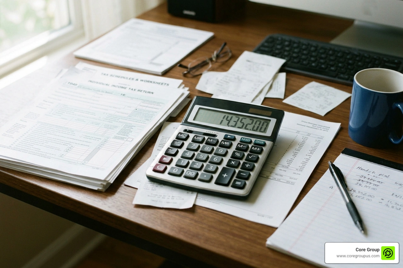 tax documents and a calculator