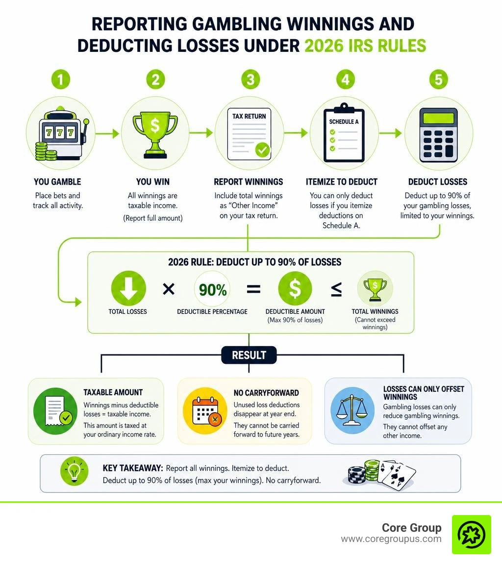 Infographic showing the flow of reporting gambling winnings and deducting losses under 2026 IRS rules infographic Infographic showing the flow of reporting gambling winnings and deducting losses under 2026 IRS rules infographic