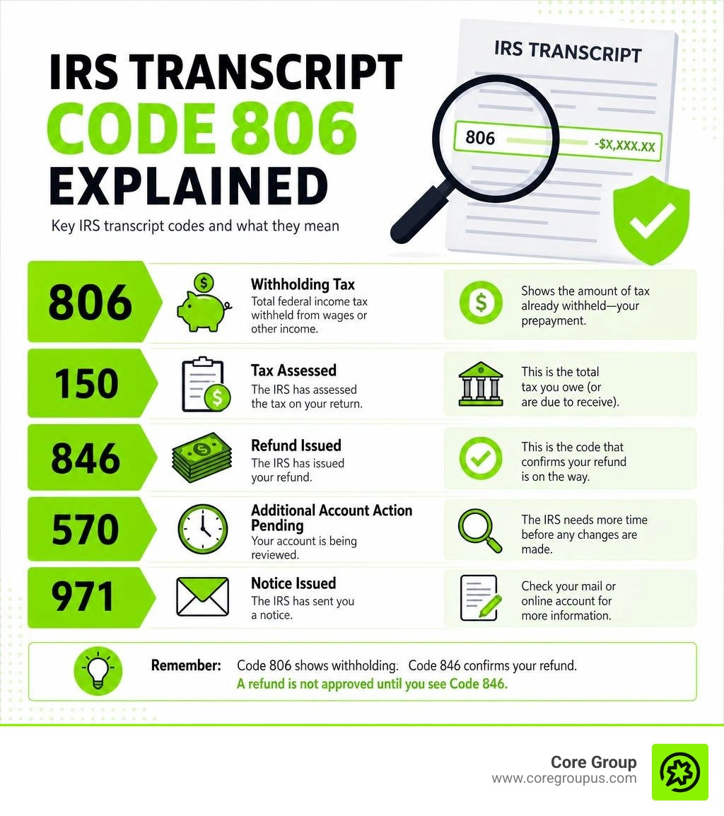 IRS transcript code 806 explained with related codes 150 846 570 971 and what each means infographic IRS transcript code 806 explained with related codes 150 846 570 971 and what each means infographic