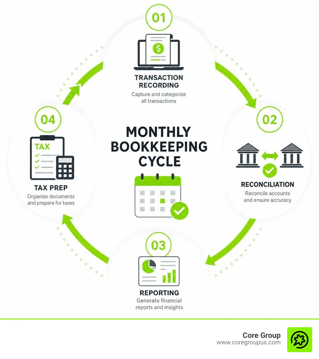 Monthly bookkeeping cycle infographic showing transaction recording, reconciliation, reporting, and tax prep steps