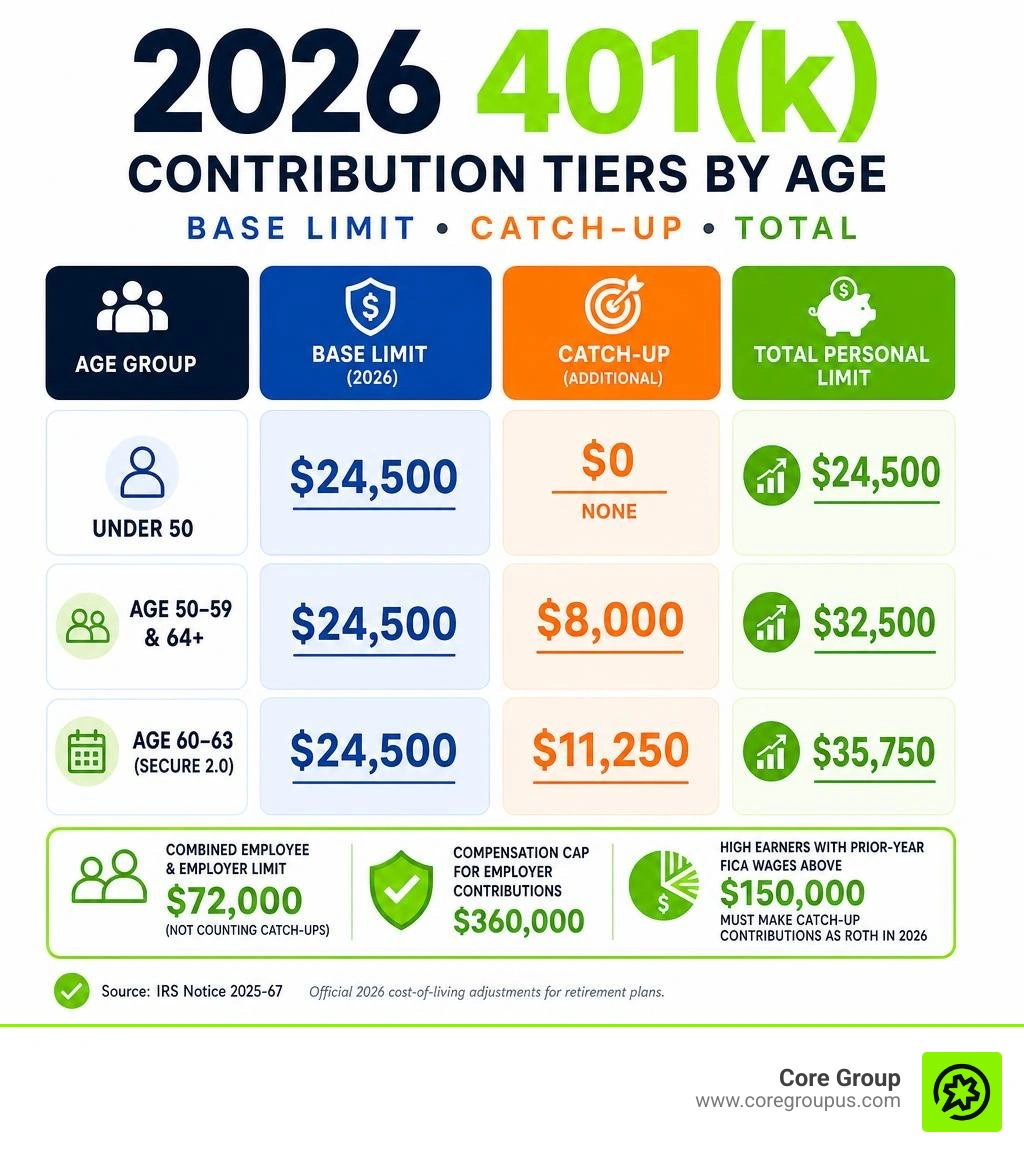 2026 401k contribution tiers by age showing base limit catch-up and total for each age group infographic