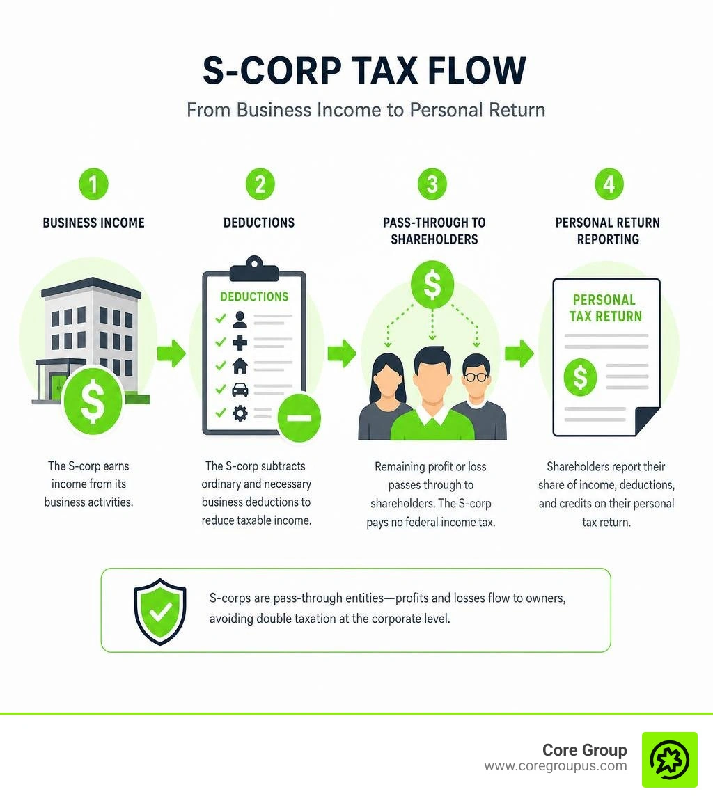 S-corp tax flow showing income, deductions, pass-through to shareholders, and personal return reporting infographic