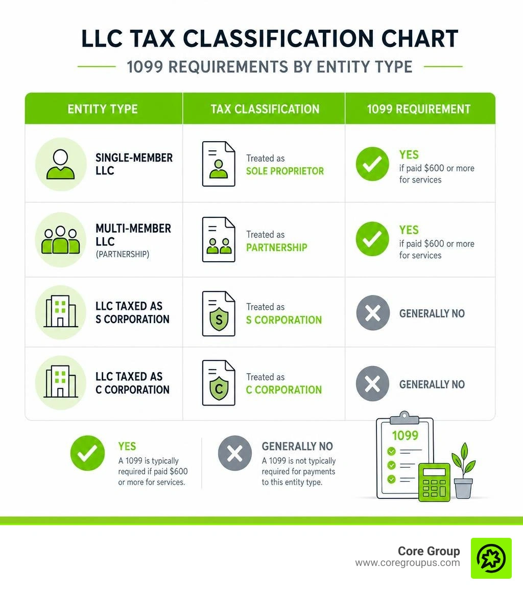 LLC tax classification chart showing 1099 requirements by entity type infographic LLC tax classification chart showing 1099 requirements by entity type infographic