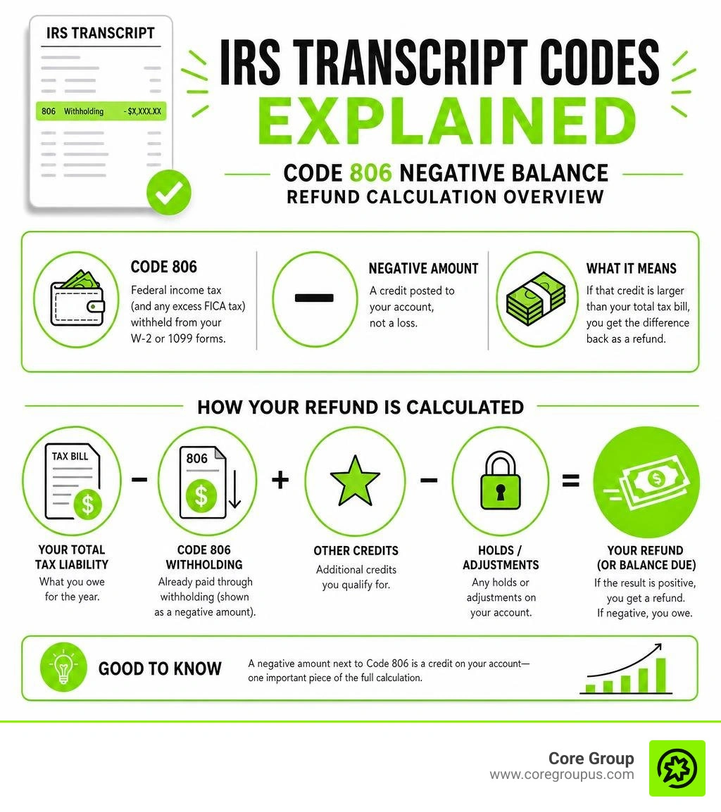IRS transcript codes explained including Code 806 negative balance refund calculation overview infographic IRS transcript codes explained including Code 806 negative balance refund calculation overview infographic