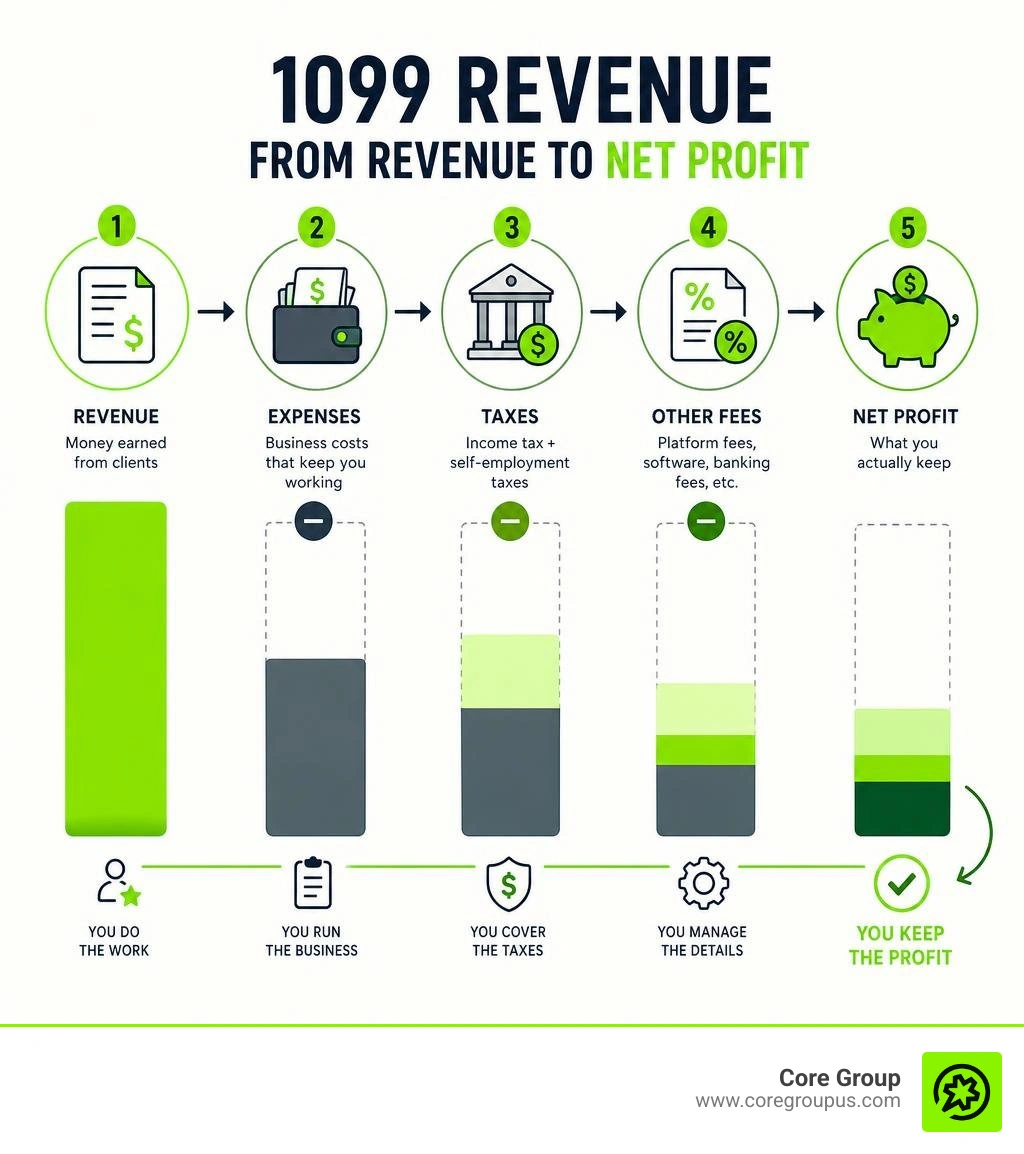 Flow of 1099 revenue through expenses and taxes to net profit infographic Flow of 1099 revenue through expenses and taxes to net profit infographic