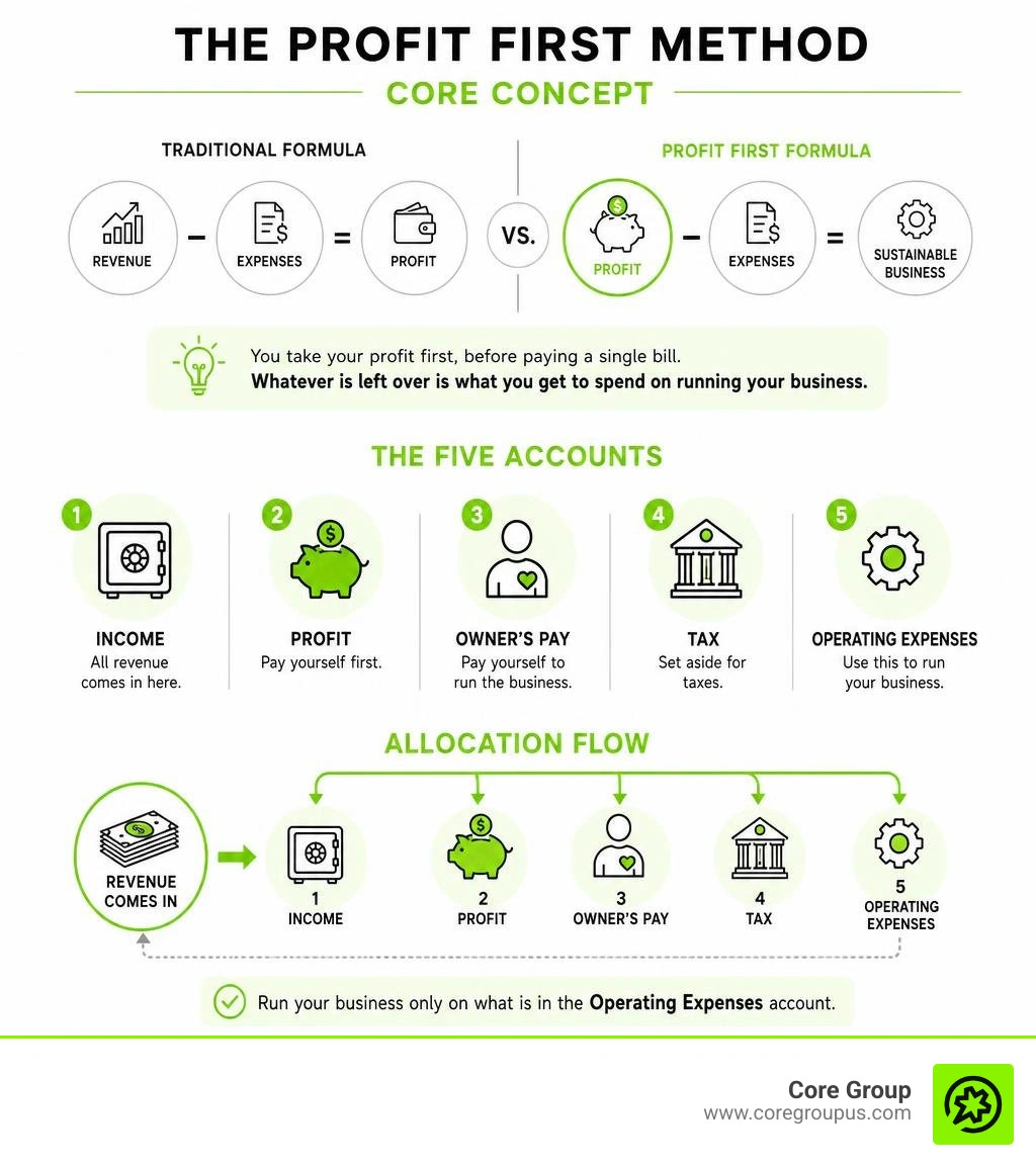 Profit First method core concept showing formula, five accounts, and allocation flow infographic Profit First method core concept showing formula, five accounts, and allocation flow infographic
