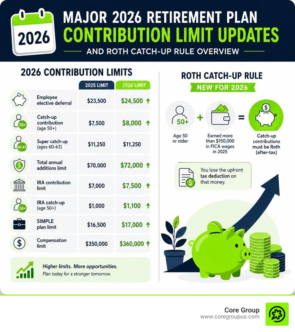 Major 2026 retirement plan contribution limit updates and Roth catch-up rule overview infographic Major 2026 retirement plan contribution limit updates and Roth catch-up rule overview infographic
