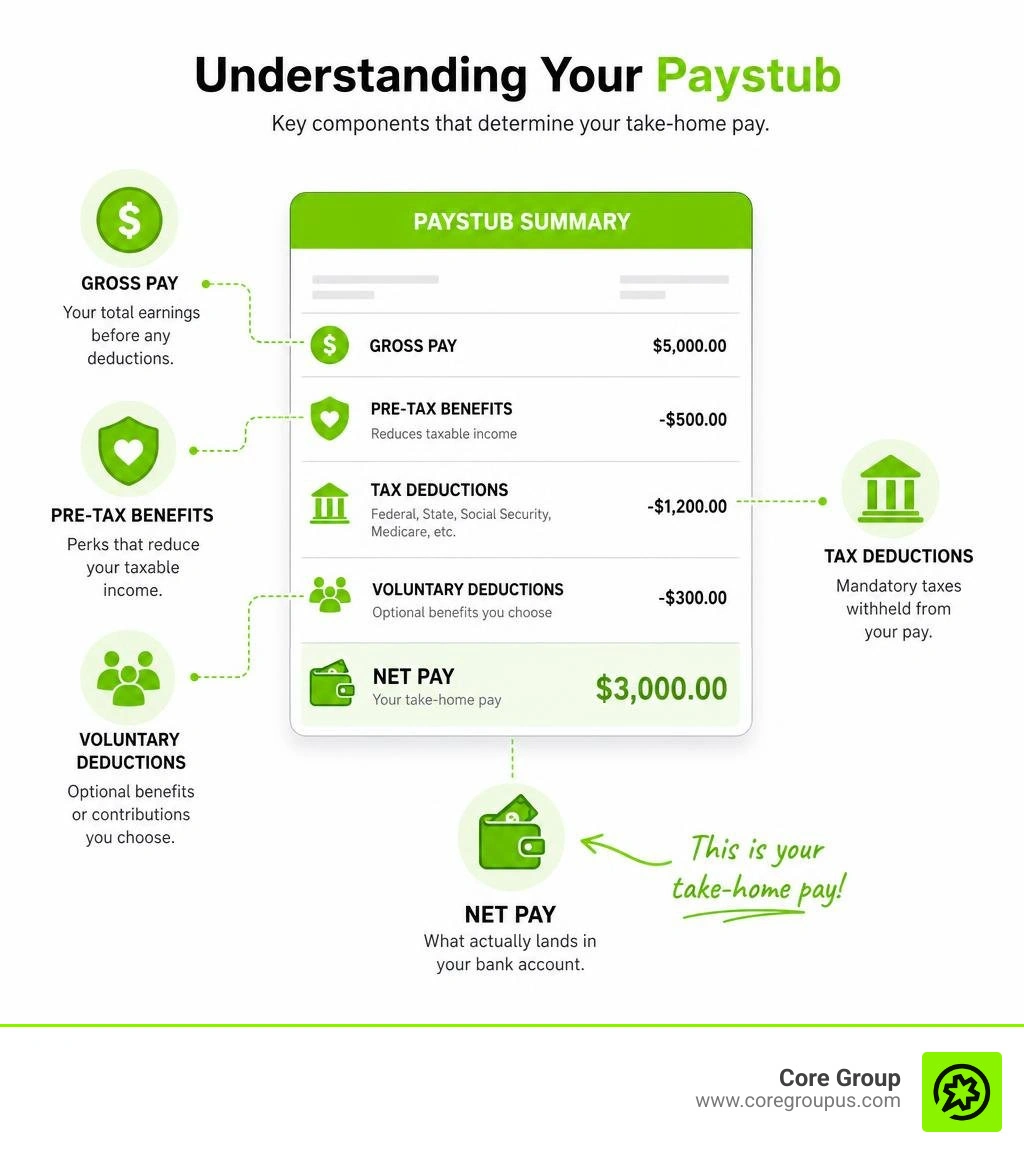 infographic showing paystub components including gross pay, net pay, tax deductions, pre-tax benefits, and voluntary