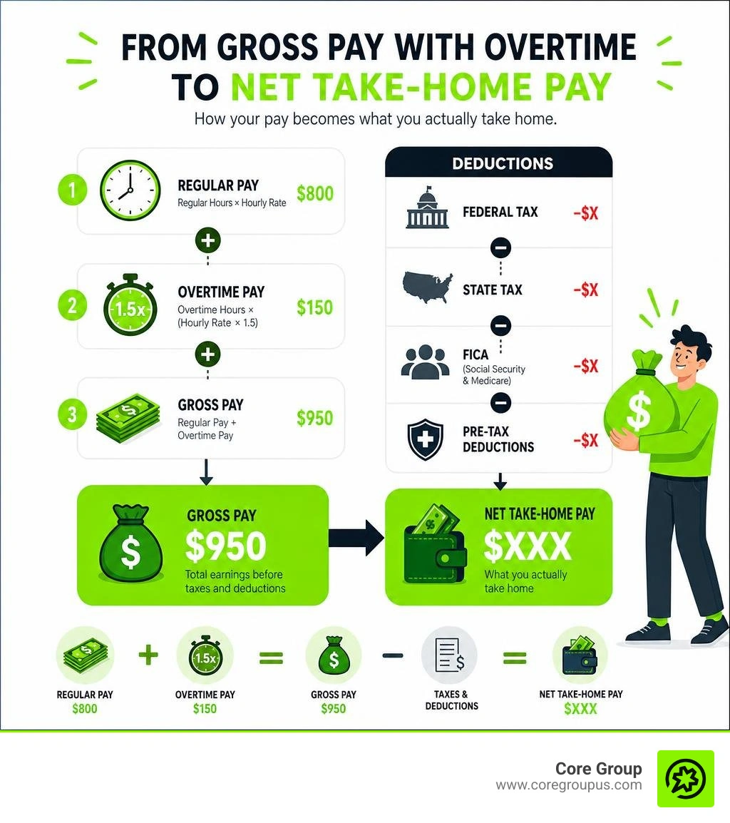 Infographic showing how gross pay with overtime becomes net take-home pay after taxes and deductions infographic Infographic showing how gross pay with overtime becomes net take-home pay after taxes and deductions infographic