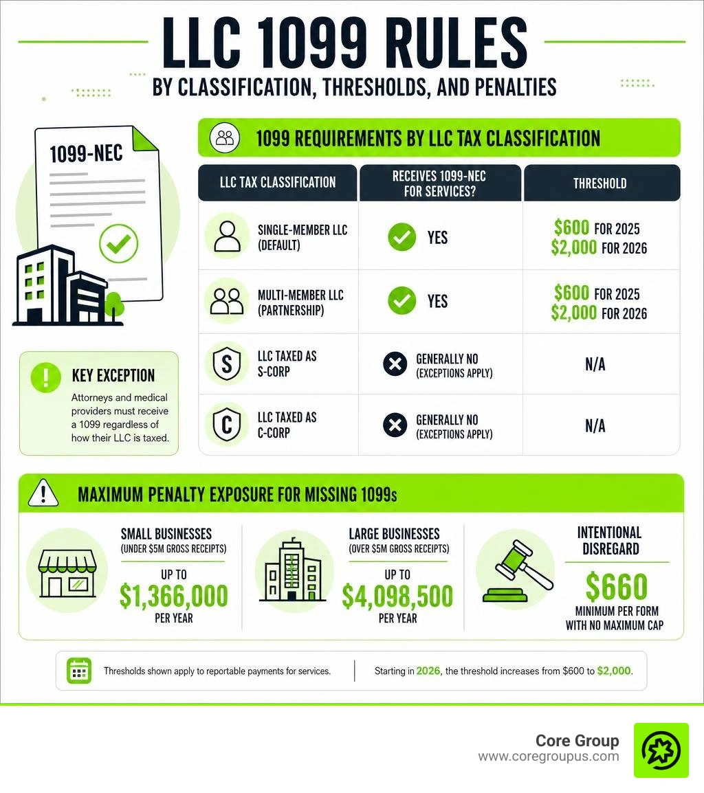 LLC 1099 rules by classification, thresholds, and penalties infographic infographic LLC 1099 rules by classification, thresholds, and penalties infographic infographic