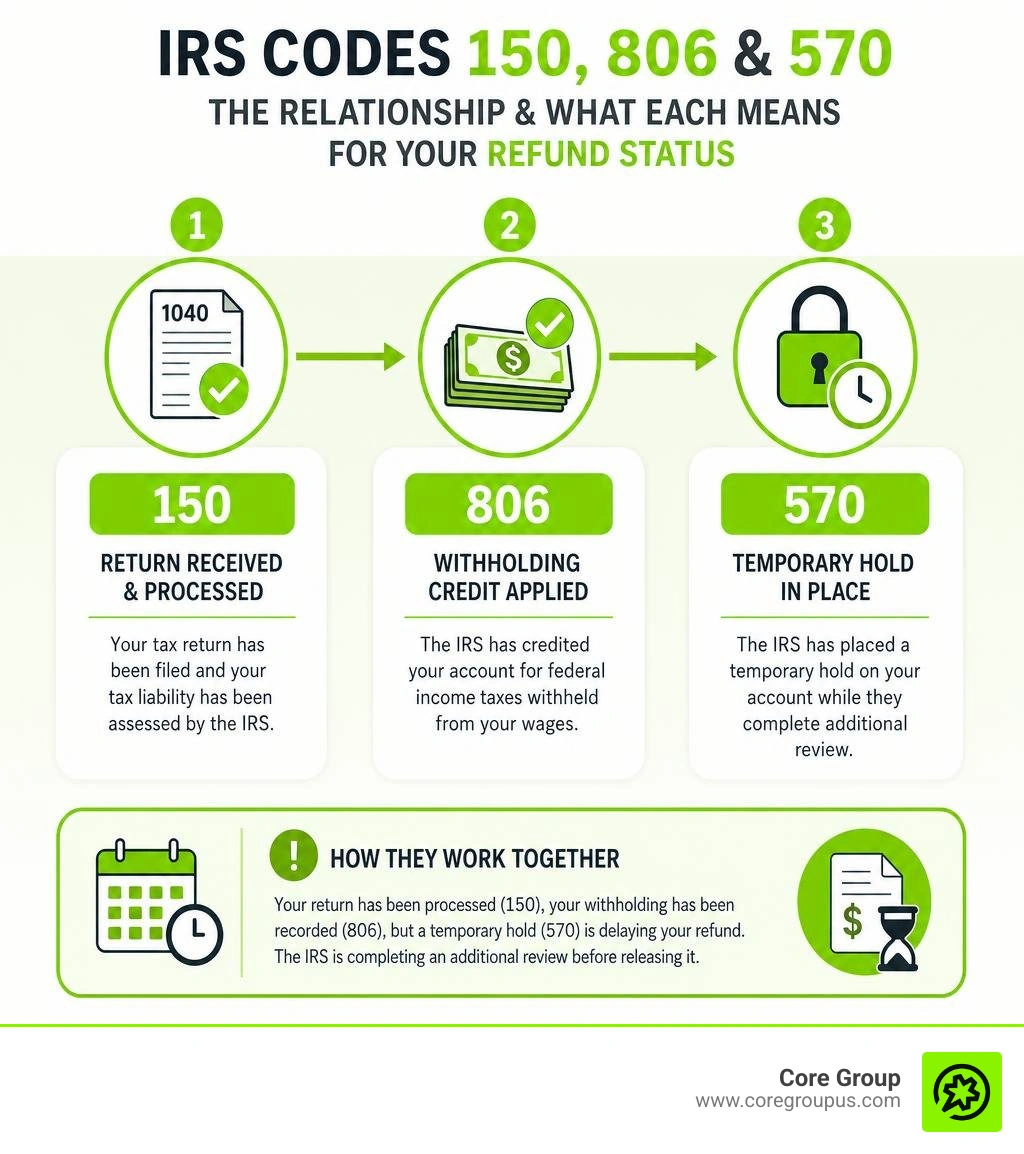 Infographic showing IRS codes 150 806 and 570 relationship and what each means for refund status infographic Infographic showing IRS codes 150 806 and 570 relationship and what each means for refund status infographic