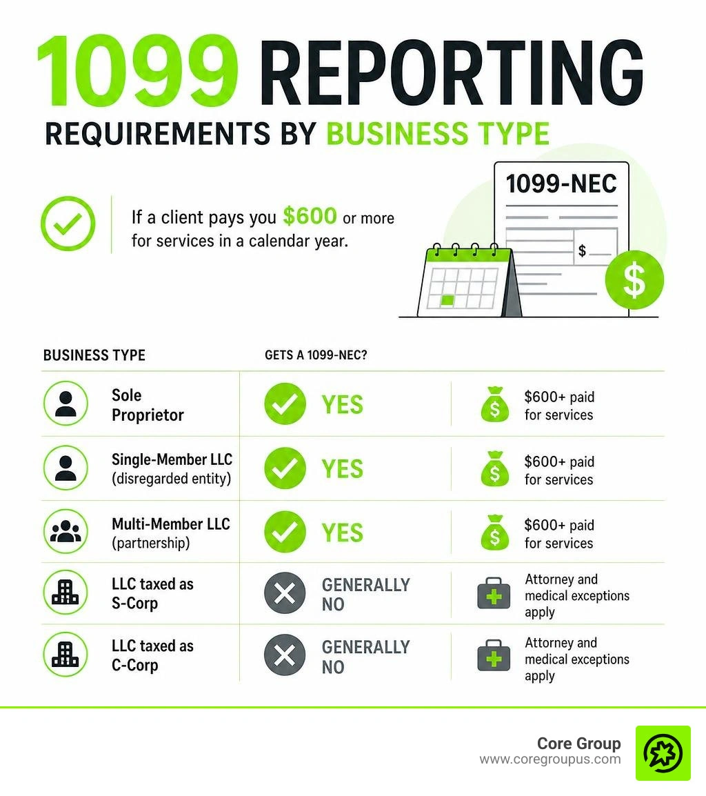Infographic showing 1099 reporting requirements for sole proprietors and single-member LLCs by business type infographic Infographic showing 1099 reporting requirements for sole proprietors and single-member LLCs by business type infographic
