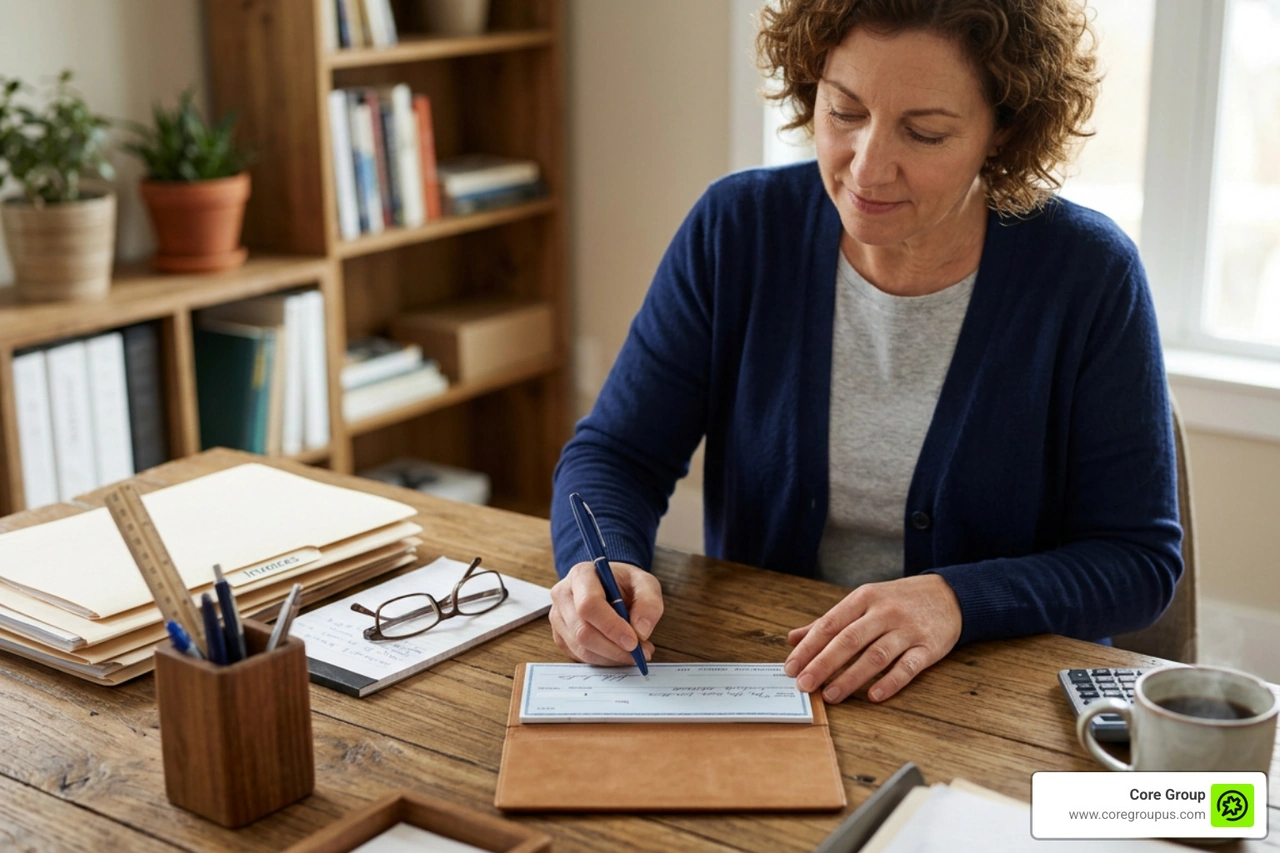 Small business owner writing a check at a wooden desk Small business owner writing a check at a wooden desk