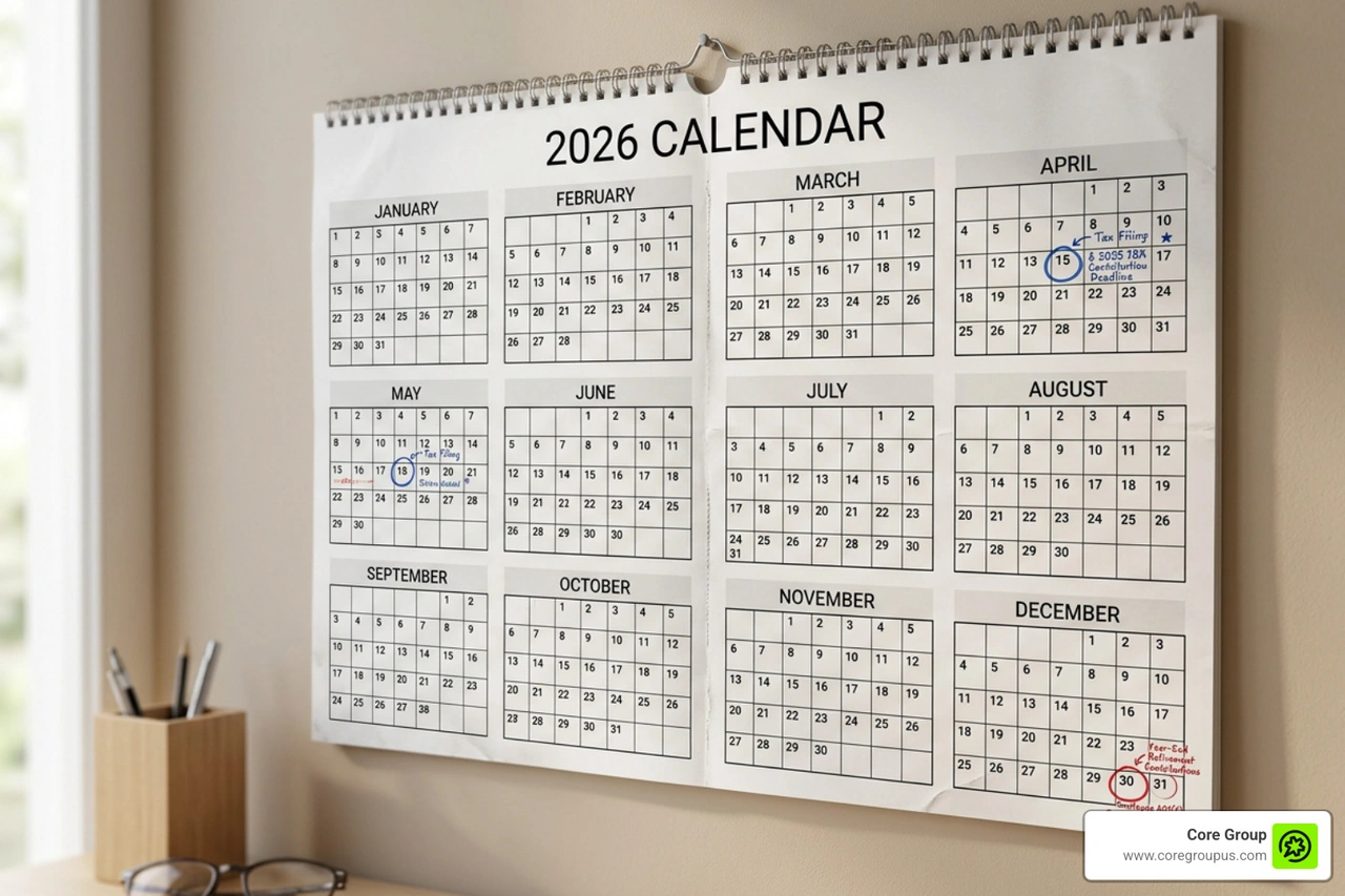 2026 tax calendar showing important retirement contribution deadlines 2026 tax calendar showing important retirement contribution deadlines