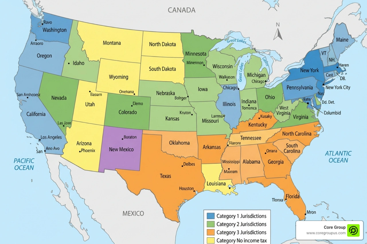 Map showing different state tax jurisdictions Map showing different state tax jurisdictions