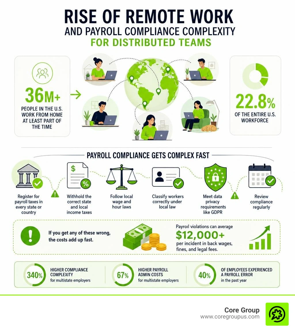 Rise of remote work and payroll compliance complexity for distributed teams infographic Rise of remote work and payroll compliance complexity for distributed teams infographic