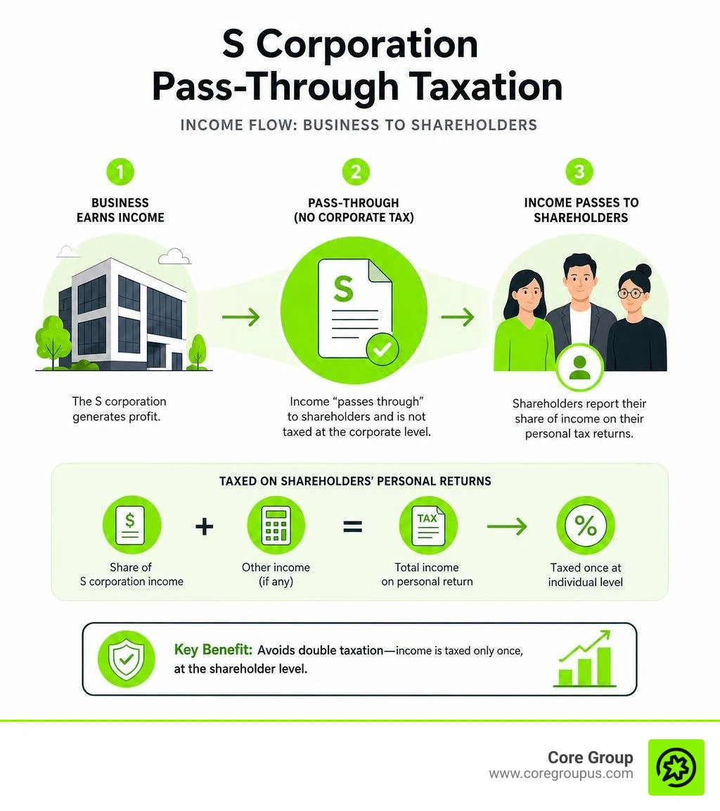 S corporation pass-through taxation explained with income flow from business to shareholders infographic S corporation pass-through taxation explained with income flow from business to shareholders infographic