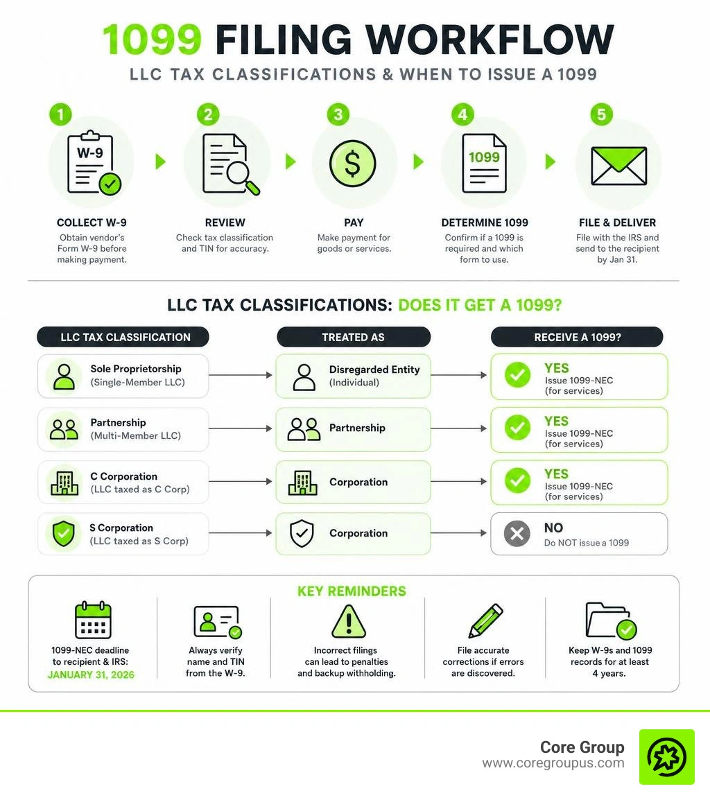 1099 filing workflow infographic showing LLC tax classifications and when to issue a 1099 infographic 1099 filing workflow infographic showing LLC tax classifications and when to issue a 1099 infographic