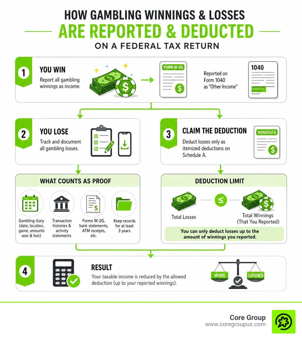 Flowchart showing how gambling winnings and losses are reported and deducted on a federal tax return infographic Flowchart showing how gambling winnings and losses are reported and deducted on a federal tax return infographic