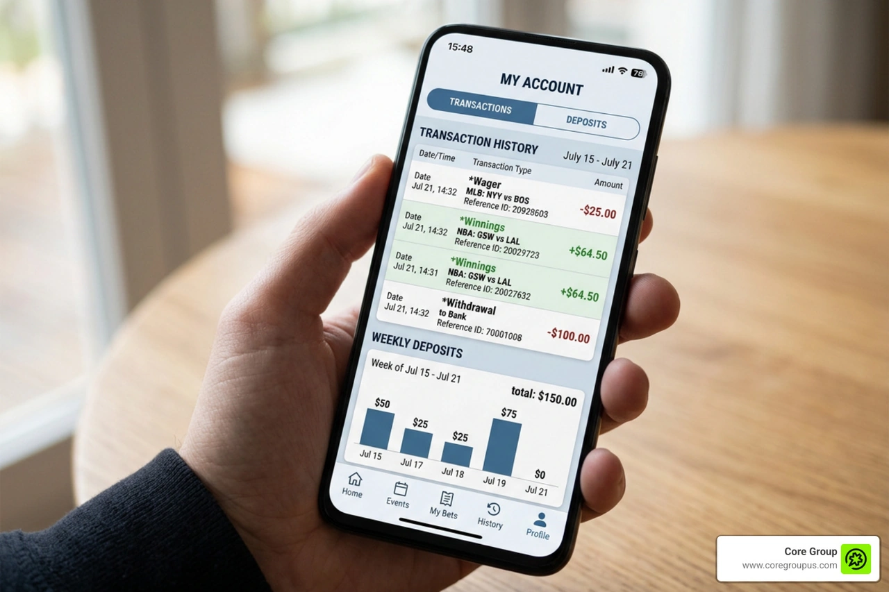 An online sports betting application dashboard showing transaction history and weekly deposits An online sports betting application dashboard showing transaction history and weekly deposits