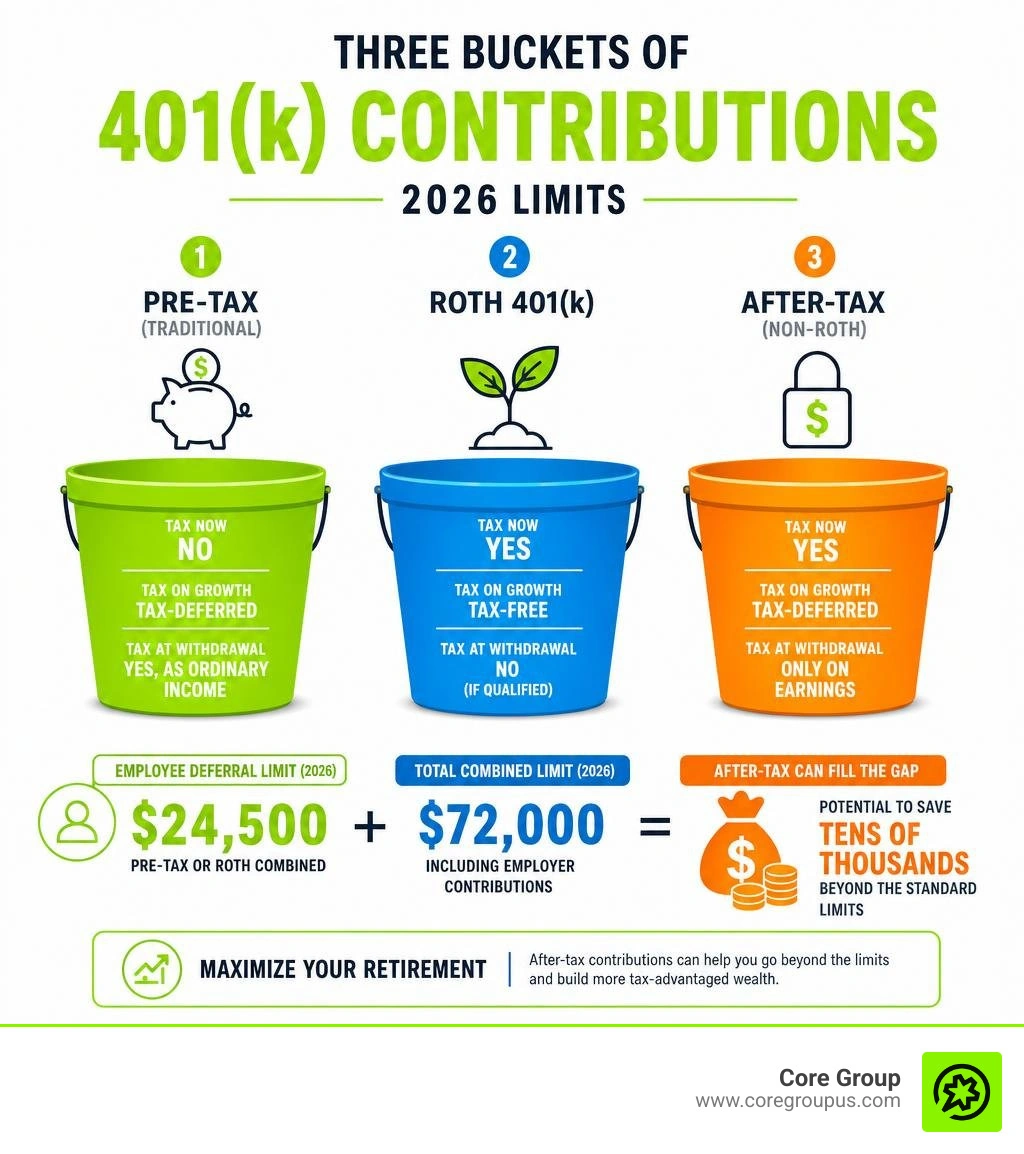 Three buckets of 401k contributions showing pre-tax, Roth, and after-tax with 2026 limits infographic