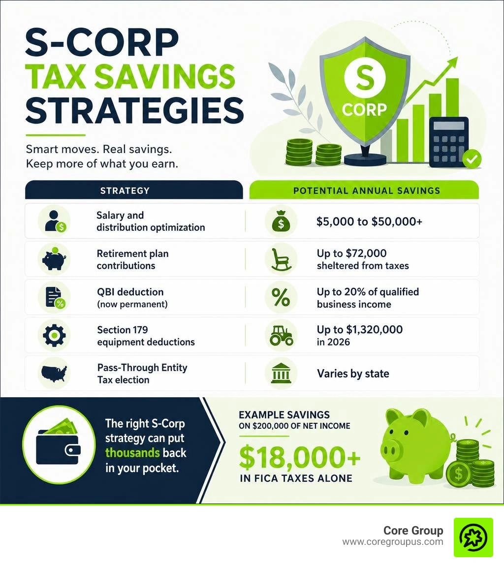 Infographic showing S-Corp tax savings strategies and annual savings potential for business owners infographic Infographic showing S-Corp tax savings strategies and annual savings potential for business owners infographic