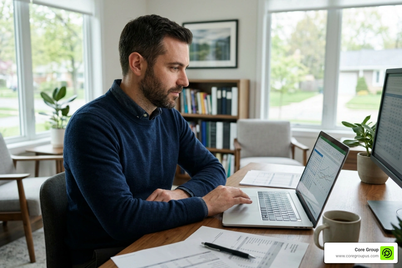 Business owner reviewing payroll on laptop computer Business owner reviewing payroll on laptop computer