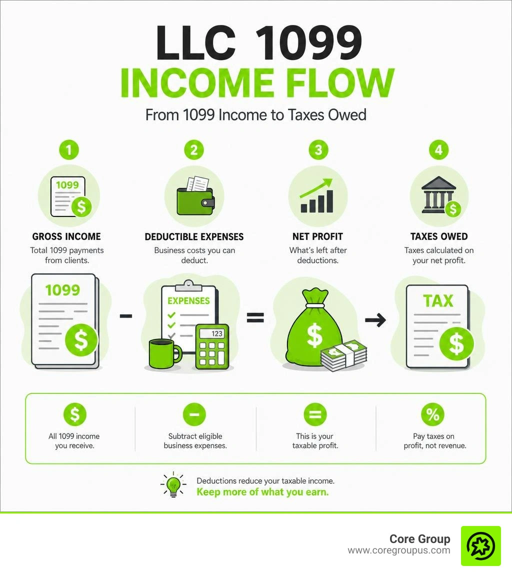 LLC 1099 income flow showing gross income, deductible expenses, net profit, and taxes owed infographic