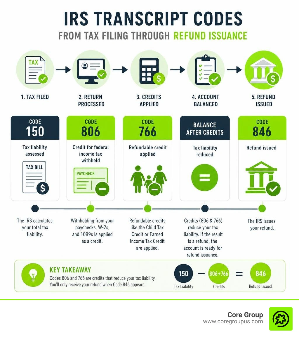 Flowchart of IRS transcript codes from tax filing through refund issuance including codes 150 806 766 and 846 infographic Flowchart of IRS transcript codes from tax filing through refund issuance including codes 150 806 766 and 846 infographic