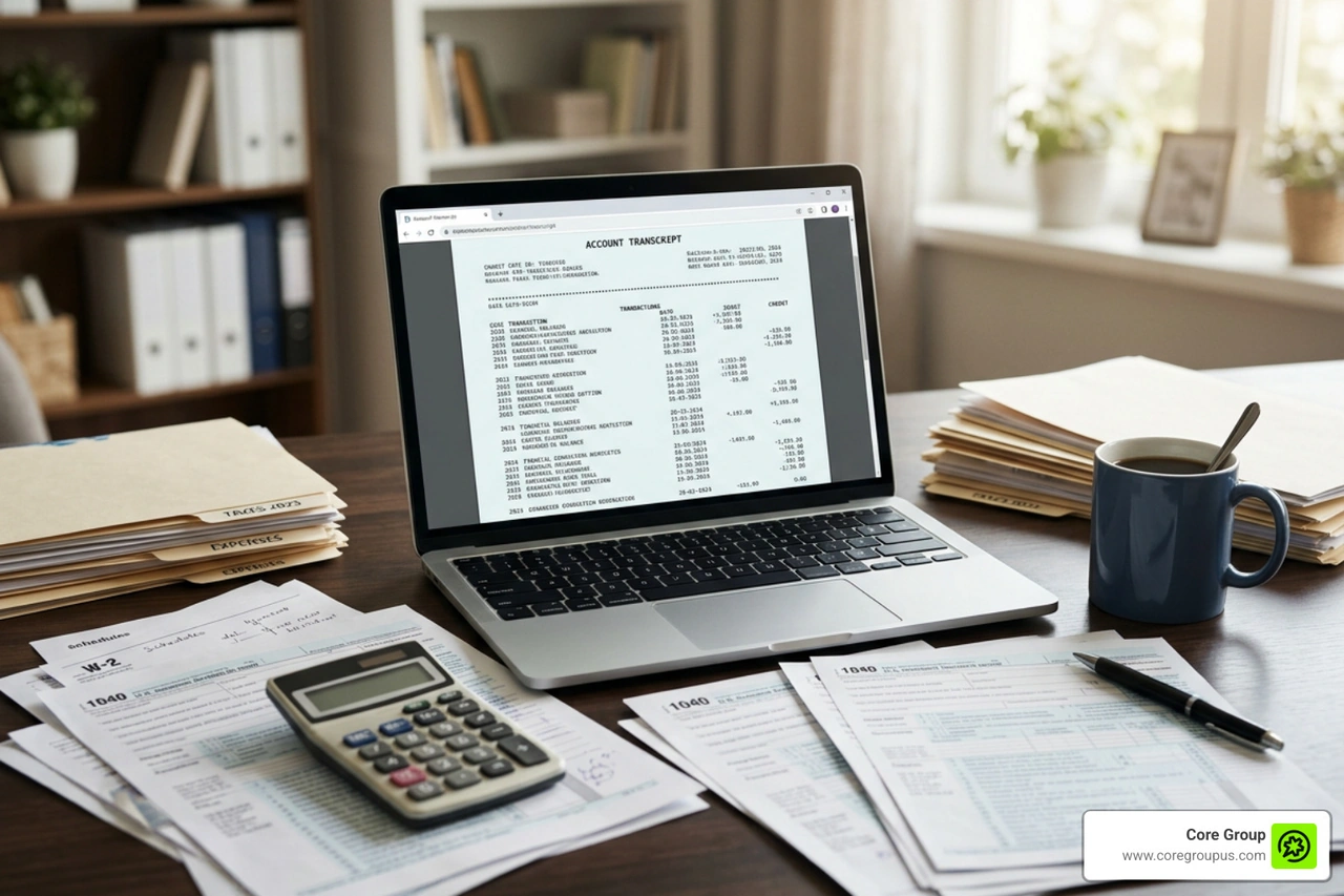 Tax documents and an IRS account transcript showing positive and negative balances Tax documents and an IRS account transcript showing positive and negative balances