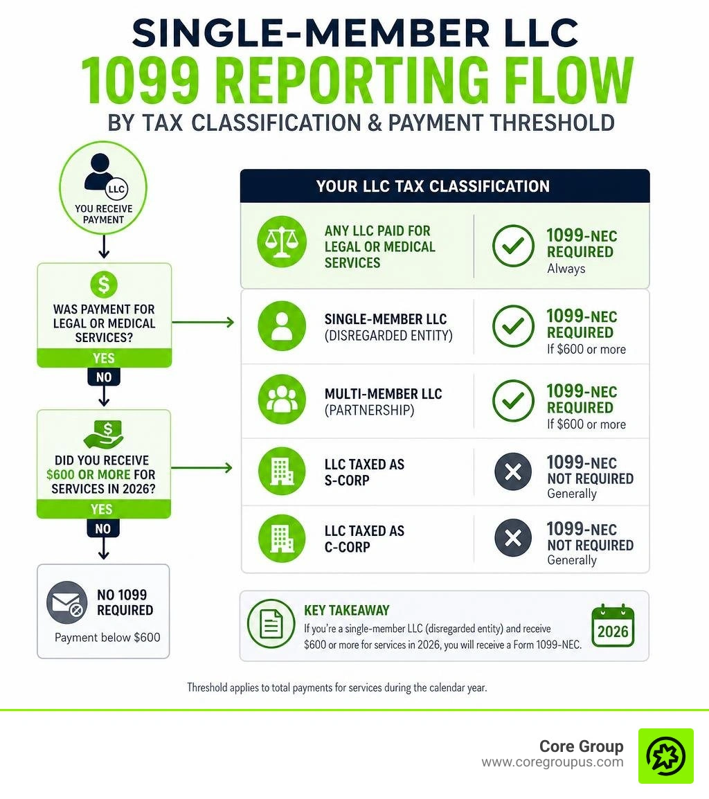 Single-member LLC 1099 reporting flow by tax classification and payment threshold infographic Single-member LLC 1099 reporting flow by tax classification and payment threshold infographic