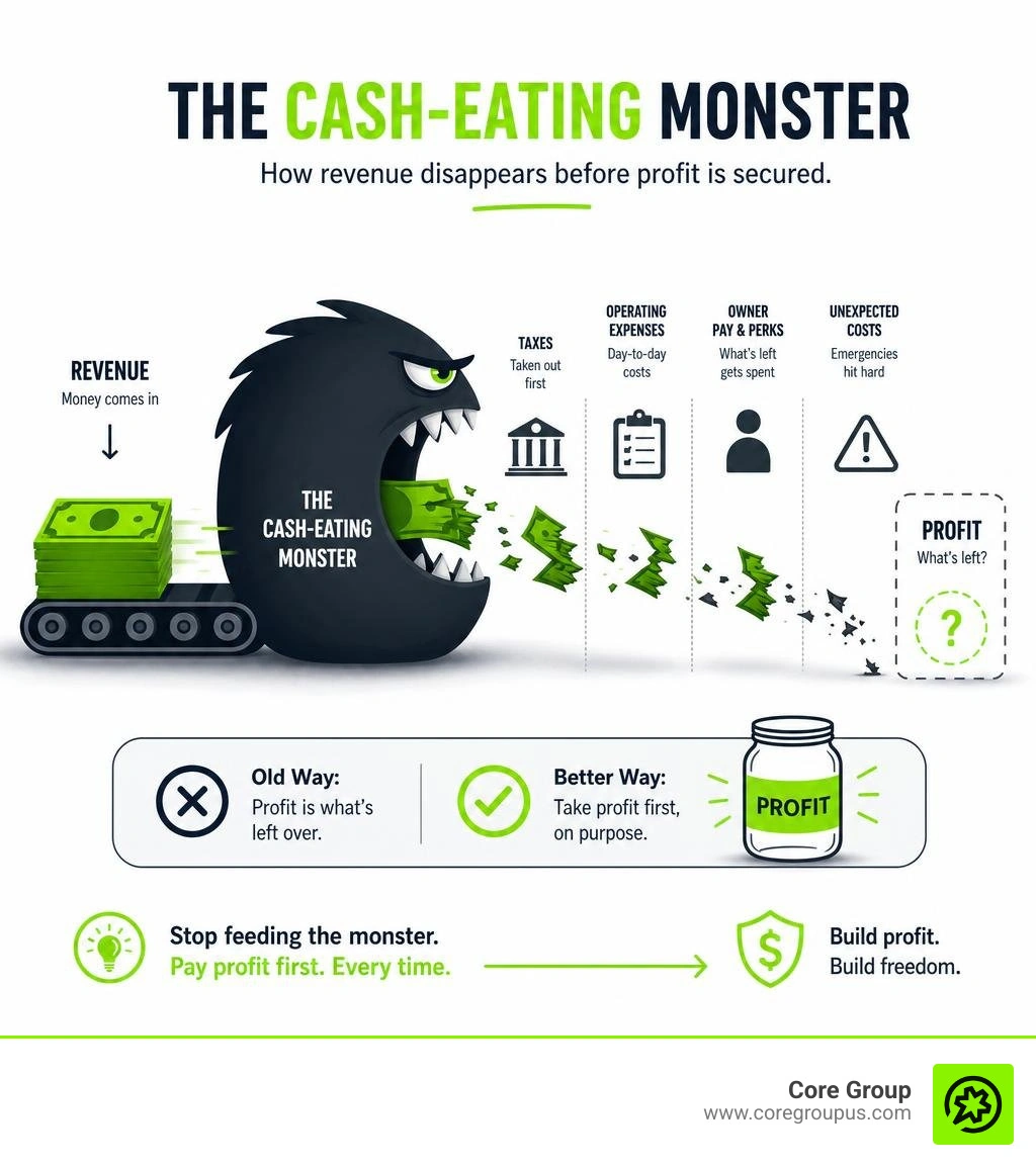 The cash-eating monster concept showing how revenue disappears before profit is secured infographic The cash-eating monster concept showing how revenue disappears before profit is secured infographic