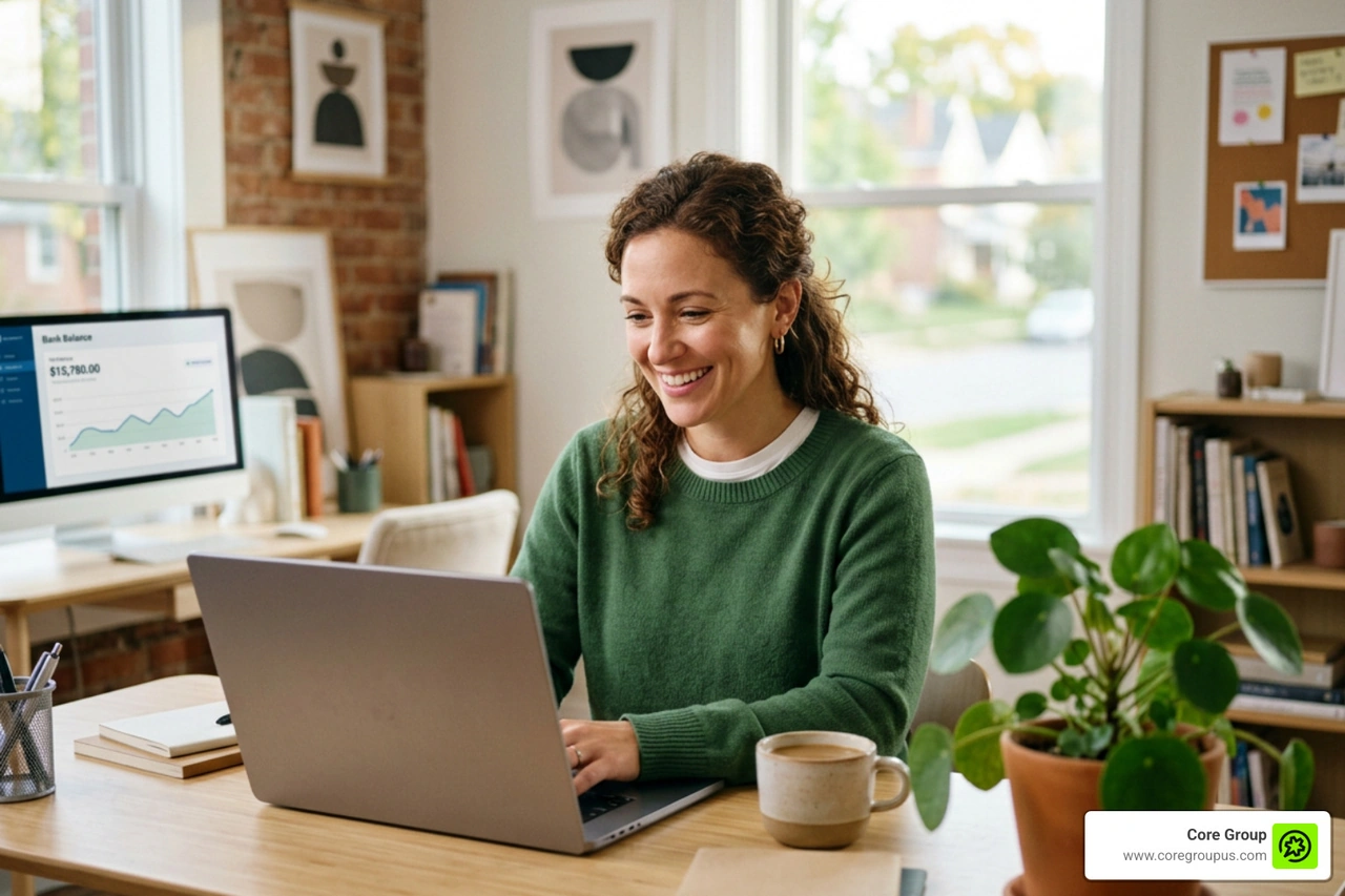 A happy creative entrepreneur celebrating financial freedom and a healthy bank balance A happy creative entrepreneur celebrating financial freedom and a healthy bank balance