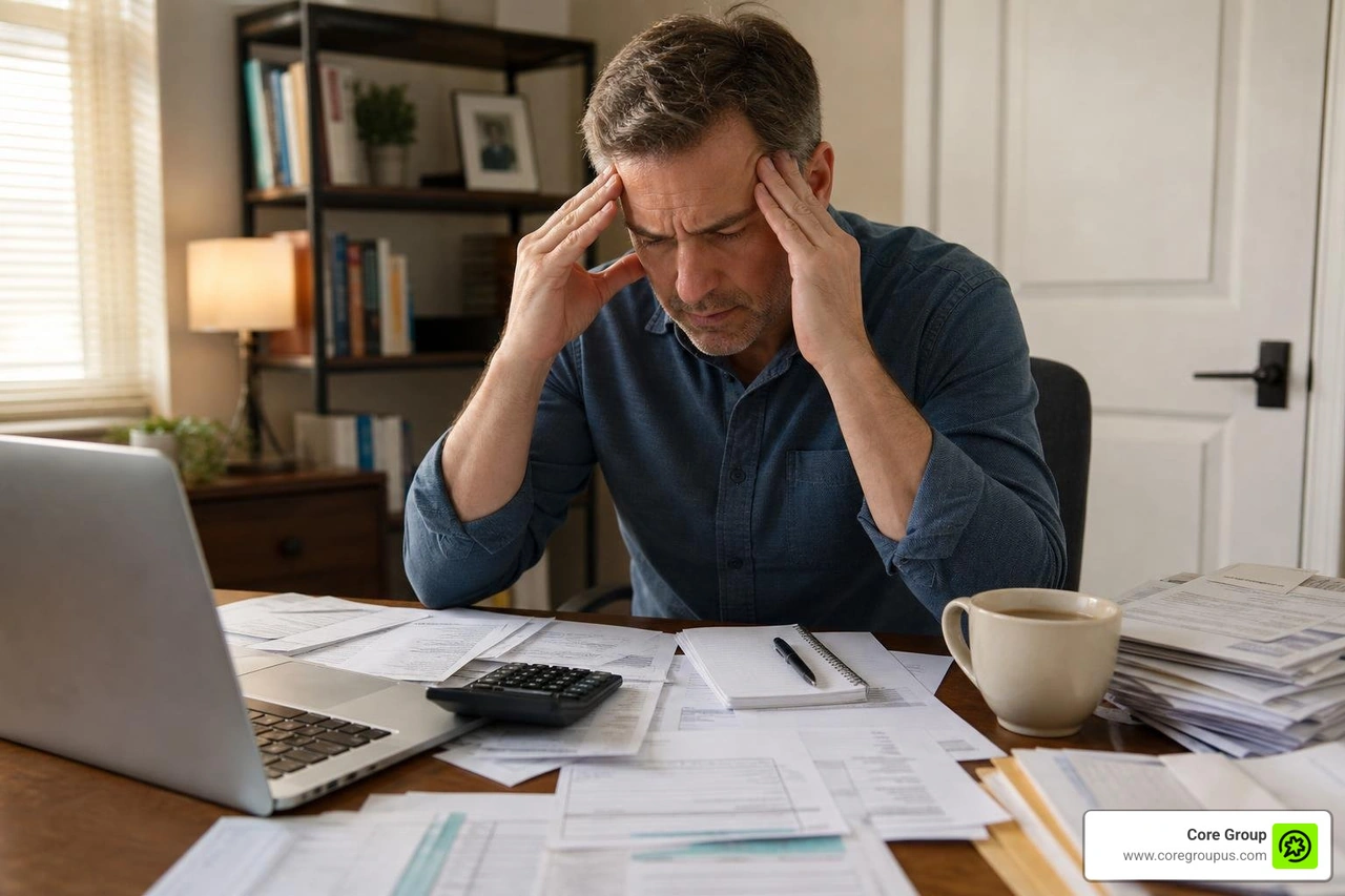 Stressed individual managing complex tax documents and retirement contributions Stressed individual managing complex tax documents and retirement contributions