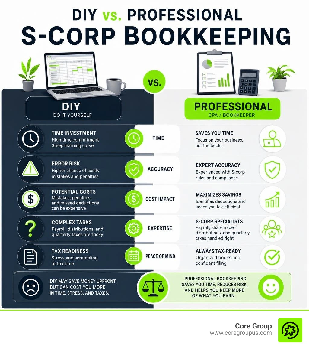 DIY vs professional S-corp bookkeeping comparison infographic infographic DIY vs professional S-corp bookkeeping comparison infographic infographic