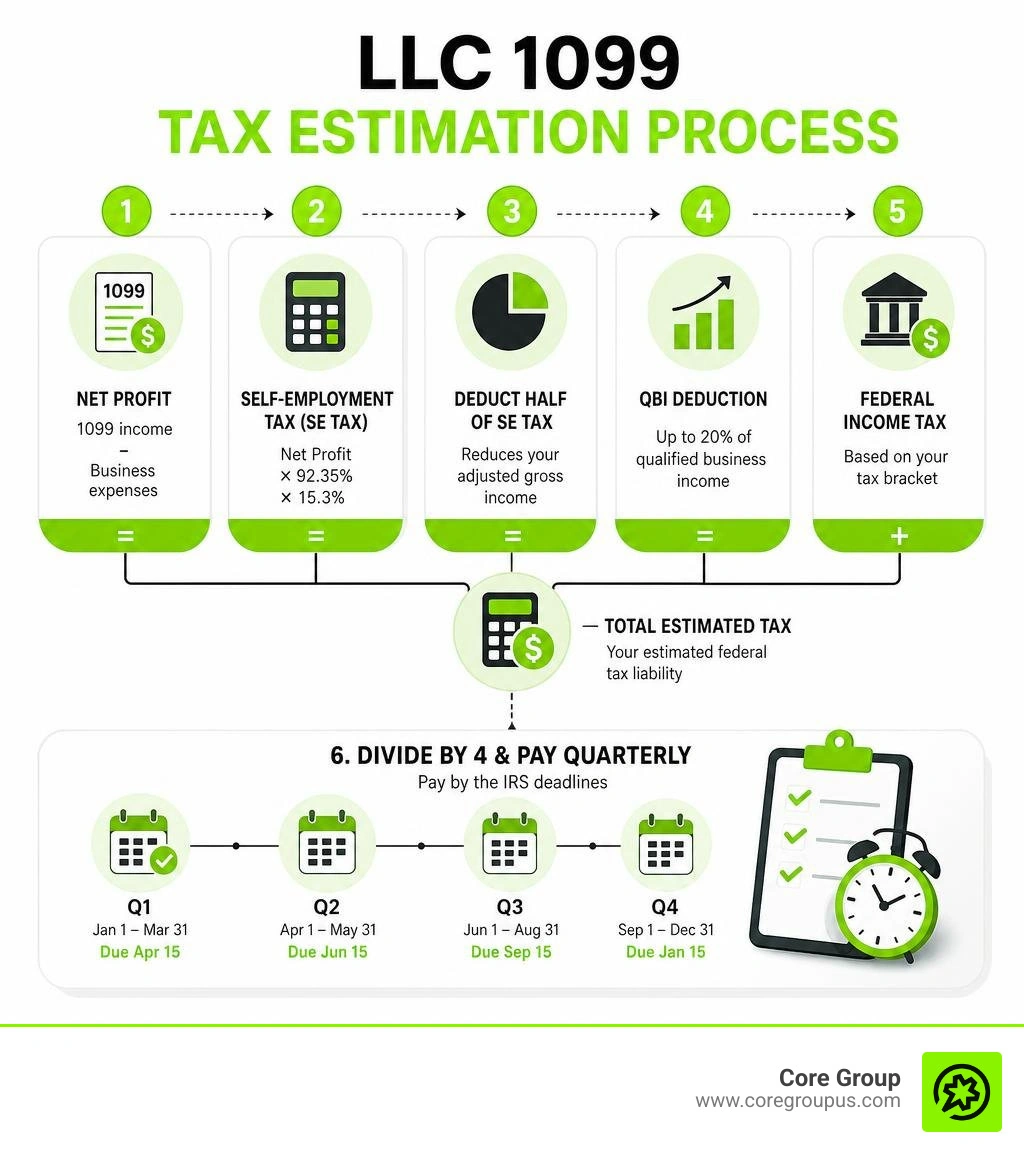 LLC 1099 tax estimation process showing net profit, SE tax, QBI deduction, and quarterly payments infographic