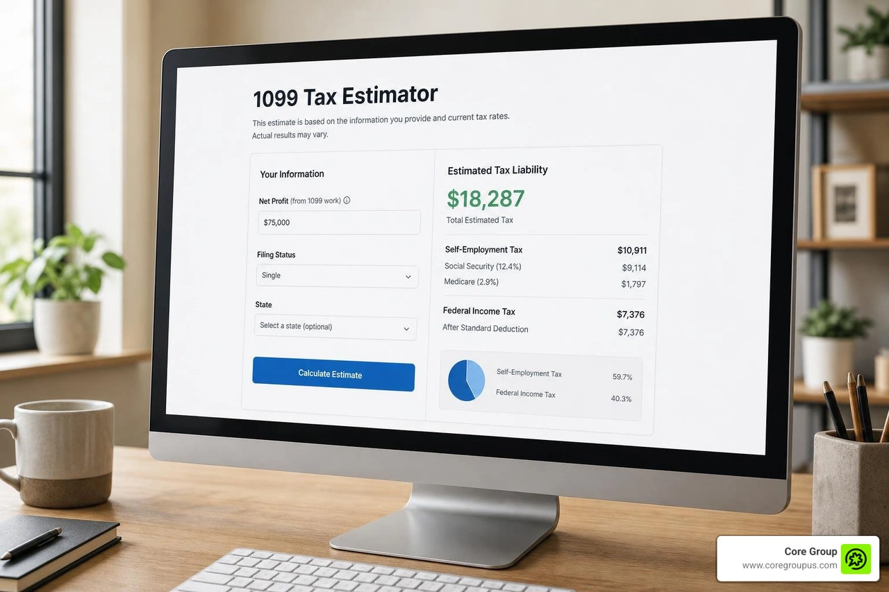 A 1099 tax estimator interface displaying net profit and estimated tax liability