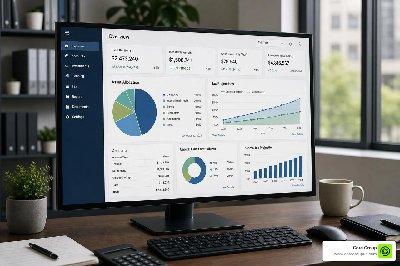 Modern financial planning software dashboard showing asset allocation and tax projections Modern financial planning software dashboard showing asset allocation and tax projections