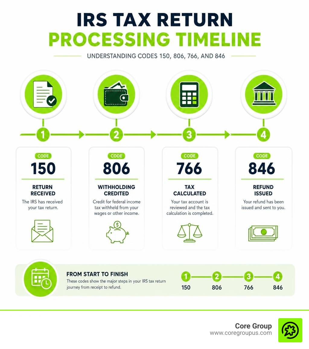 IRS tax return processing timeline showing codes 150, 806, 766, and 846 in sequence infographic IRS tax return processing timeline showing codes 150, 806, 766, and 846 in sequence infographic