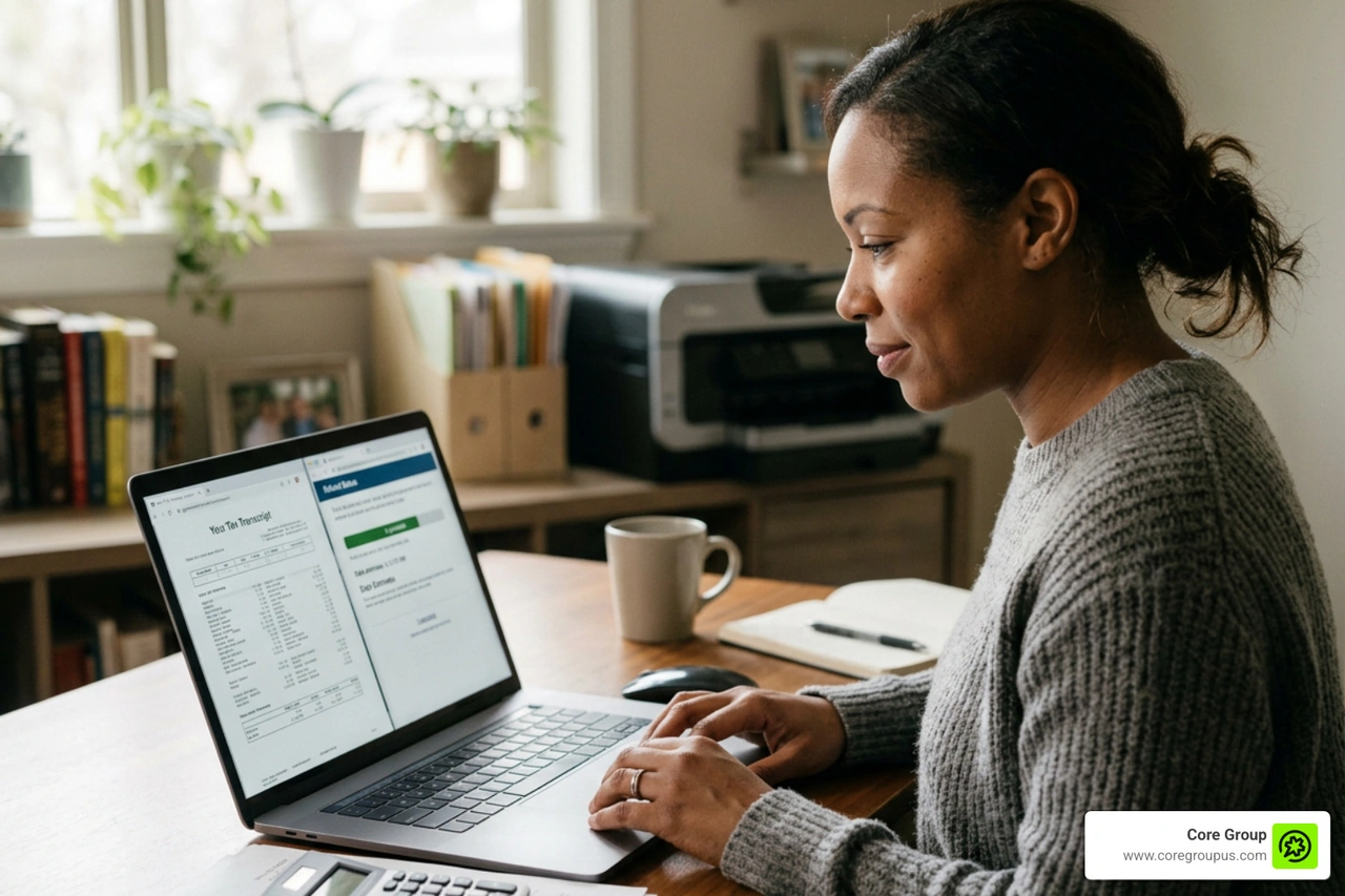 Taxpayer analyzing complex transcript codes and checking refund status online Taxpayer analyzing complex transcript codes and checking refund status online